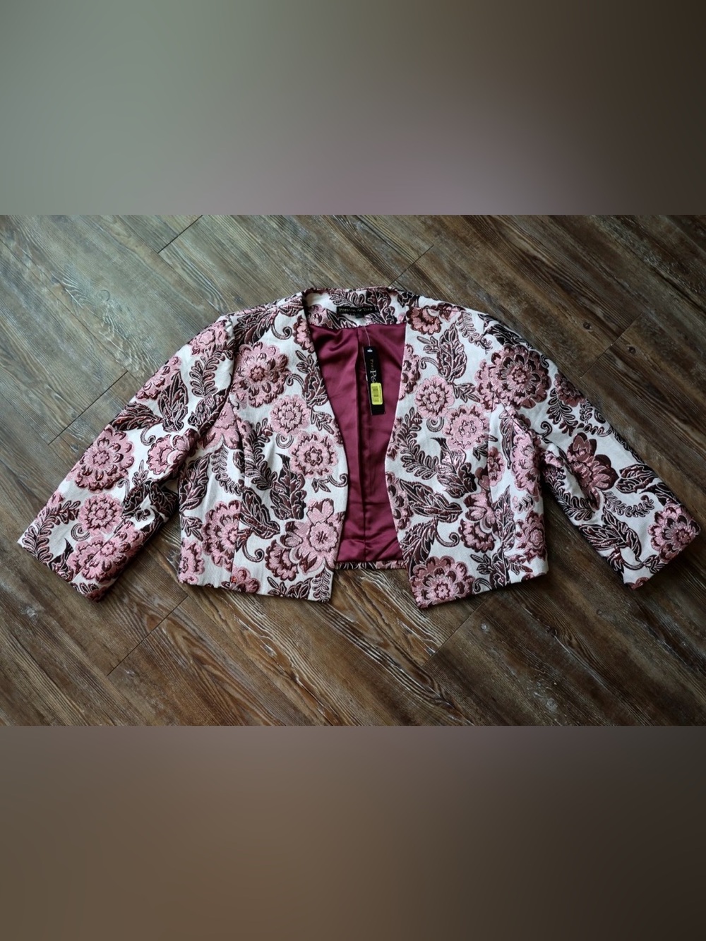 Preston & York Metallic Floral Brocade Jacket Open Front Shoulder Pads Womens 16